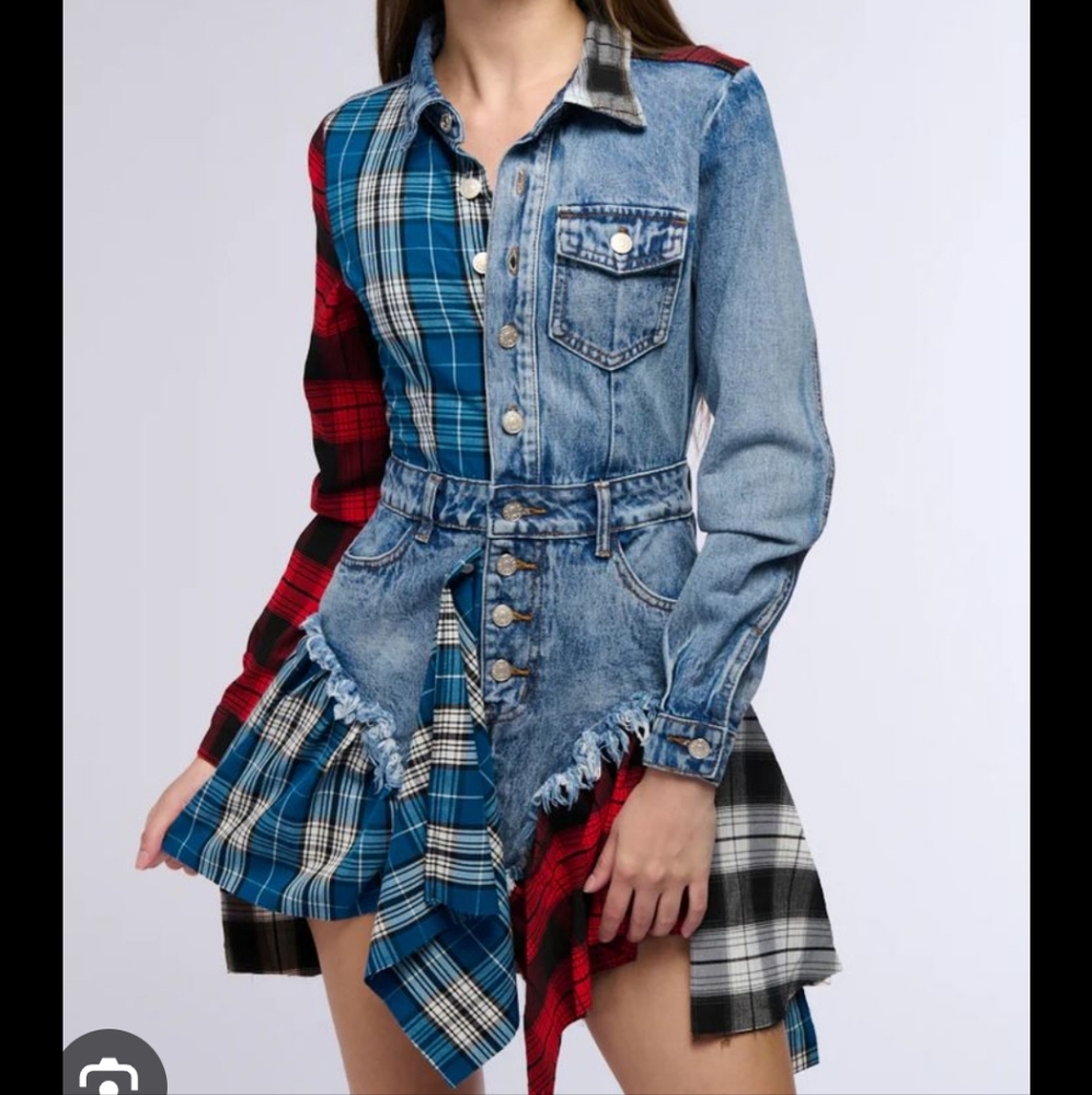AKIRA Blue and Red Plaid Denim Mini Dress
